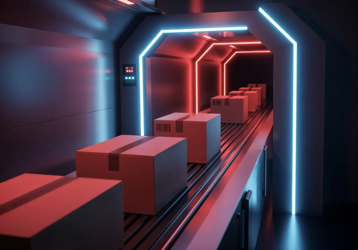 Futuristic warehouse conveyor belt with packages