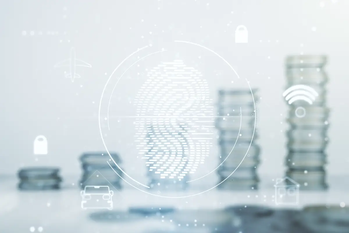 Multi exposure of virtual creative fingerprint hologram on growing stacks of coins background personal biometric data concept