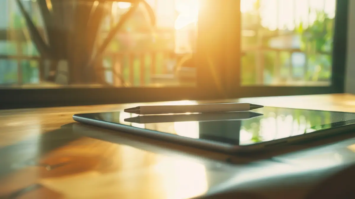 Digital Tablet and Pen on Wooden Table with Sunlight Streaming Through Window