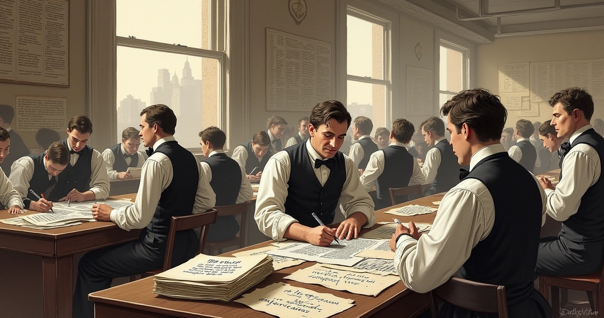 19th-century busy newspaper office with handwritten notes 