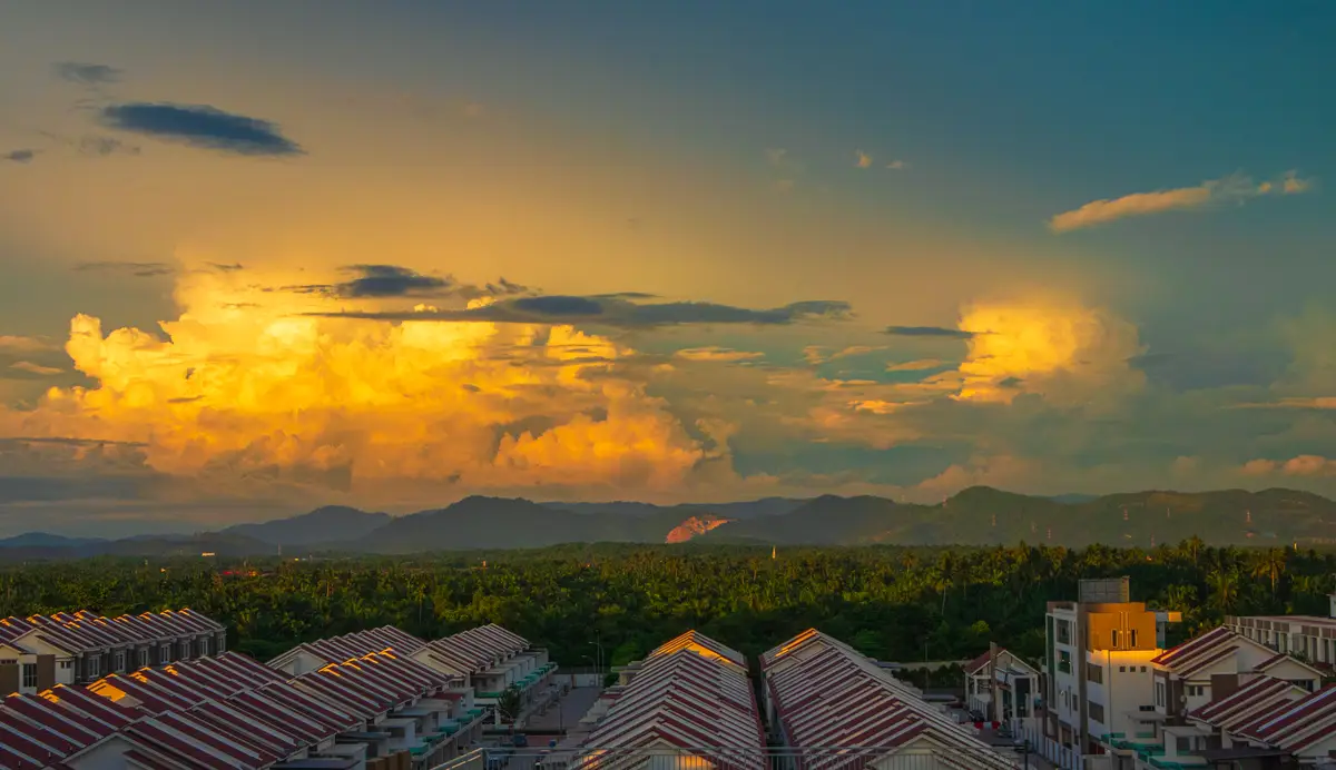 High angle view of townscape against sky during sunset