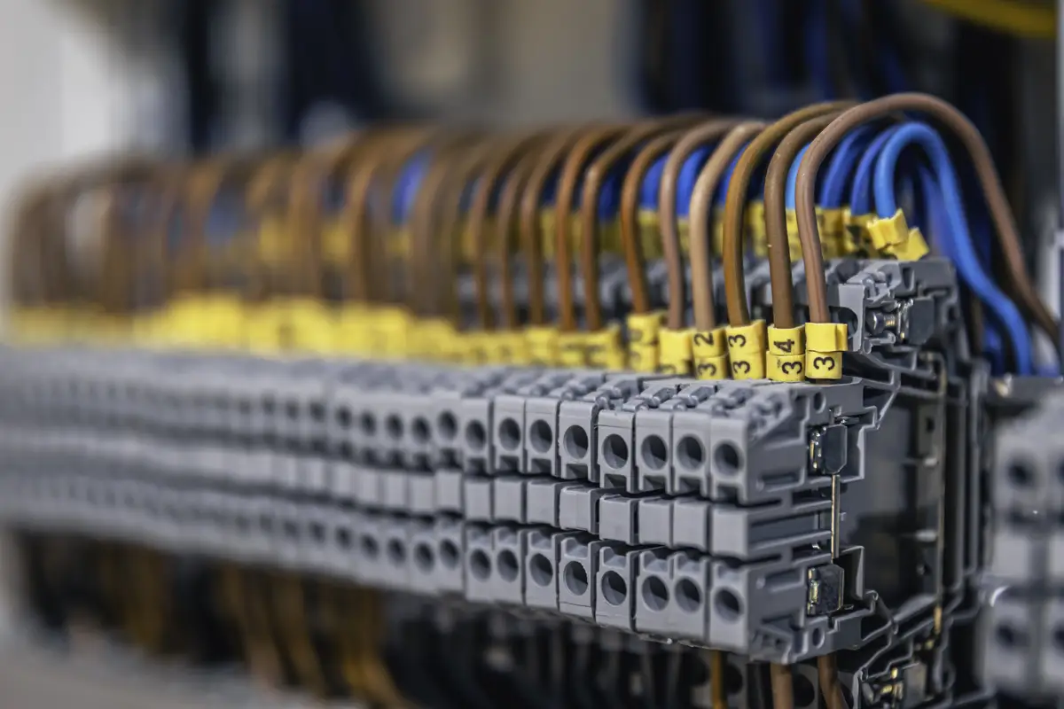 Painel elétrico com fusíveis e contatores em detalhe para avaliação de capacidade da subestação