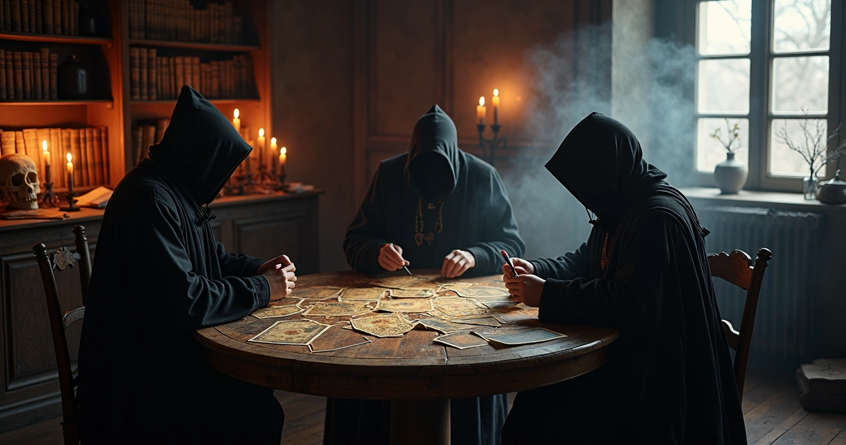 Eighteenth-century mystics gathered around a candlelit tarot reading 