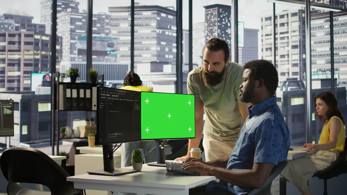 Team of IT workers using green screen computer