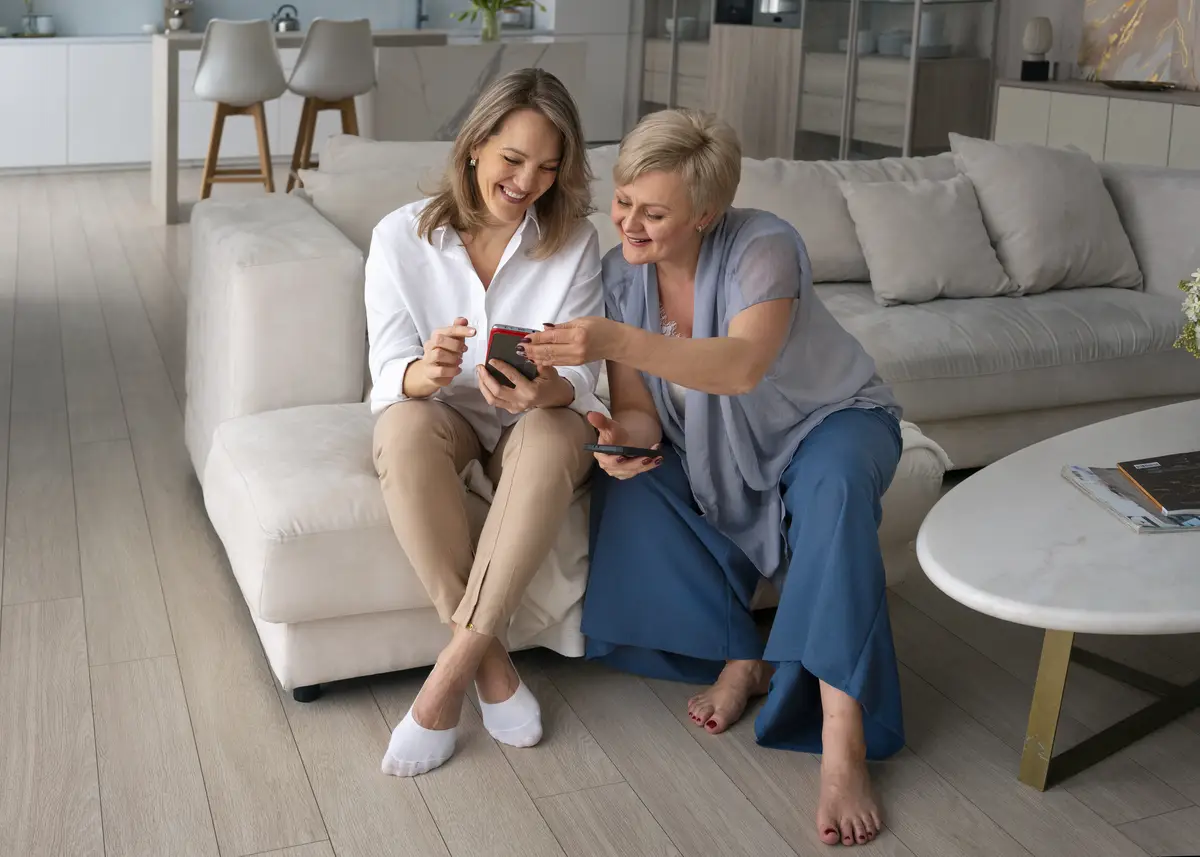 Full shot  women reading  cellphone messages