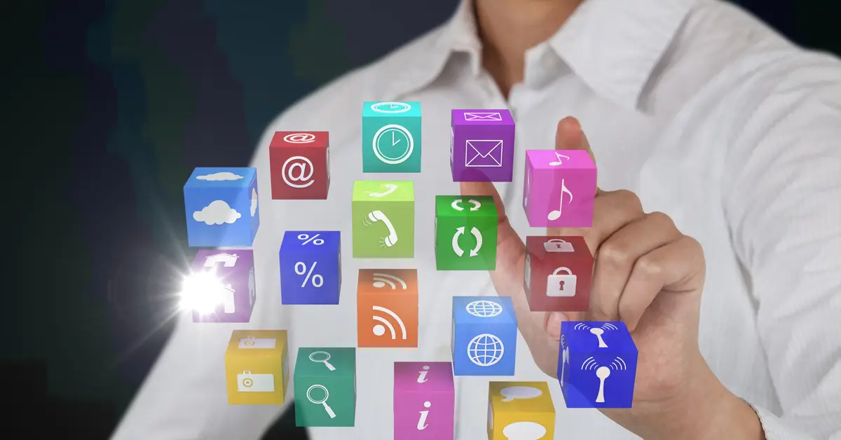 Composition of businesswoman touching screen with digital colouruful icons