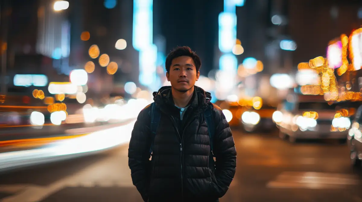 A young man stands in the middle of a lively urban street at night surrounded by the glow of neon
