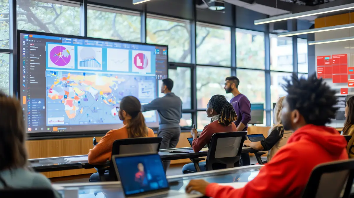 A group of people in a meeting room focused on a large screen displaying data