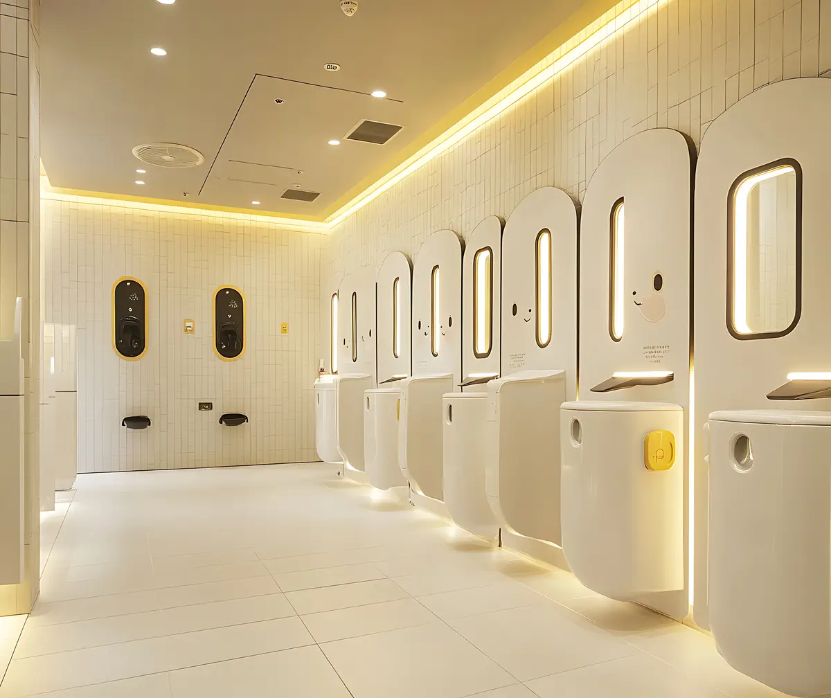 3D Rendering of a Bright Public Bathroom with Oval Mirrors and White Sinks