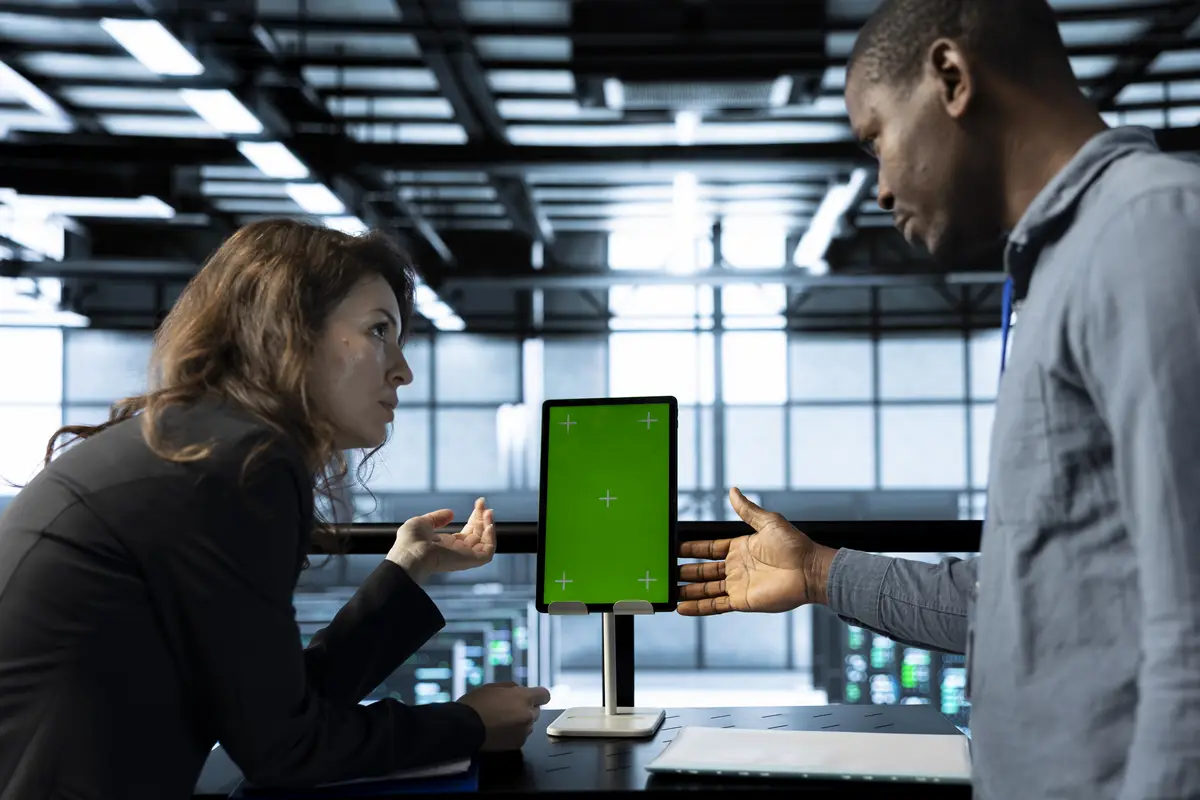 Programmers in data center brainstorming using mockup tablet