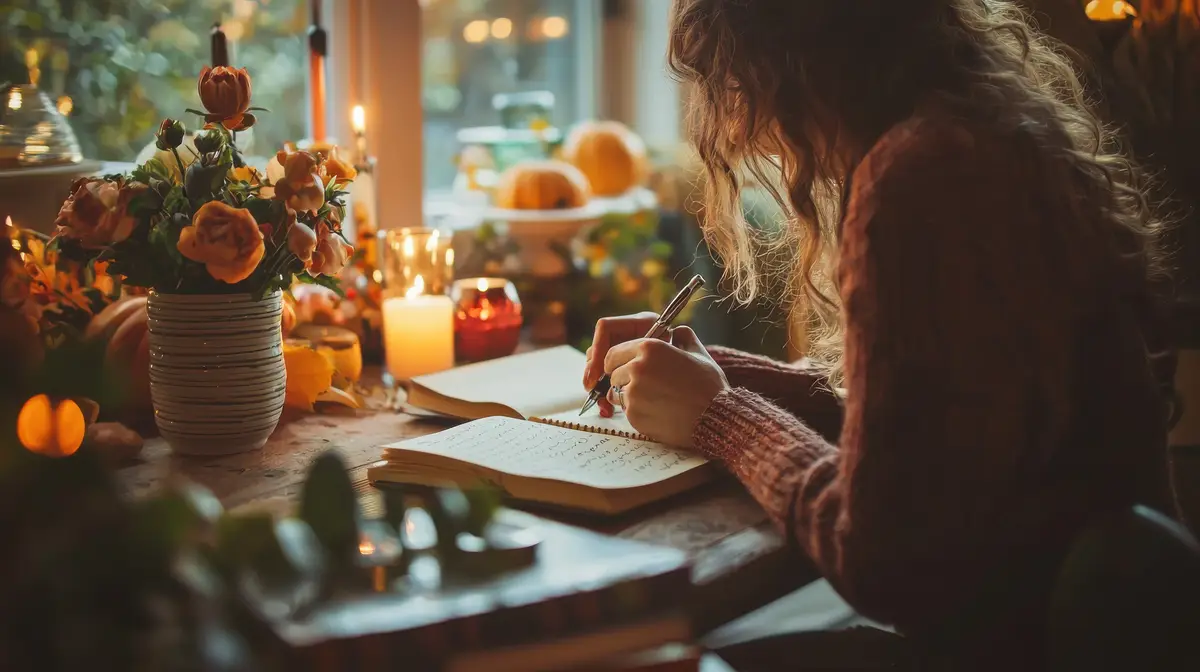 Woman writing a gratitude list in a journal at a beautifully set Thanksgiving table candles flickering nearby