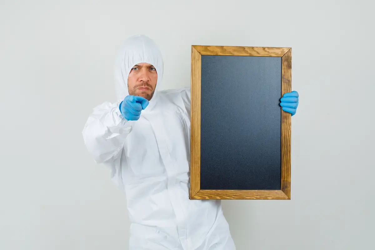 Male doctor holding blackboard, pointing at camera in protective suit