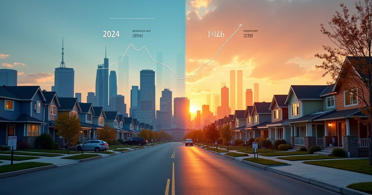 City skyline split between 2024 and 2026 housing market with graphs in the sky 