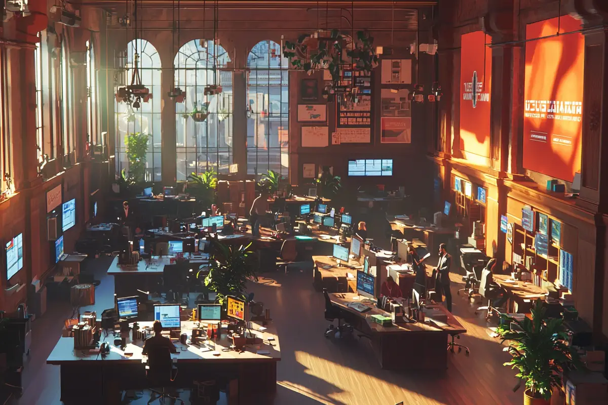 a room with a large room with many computers and a sign that saysx