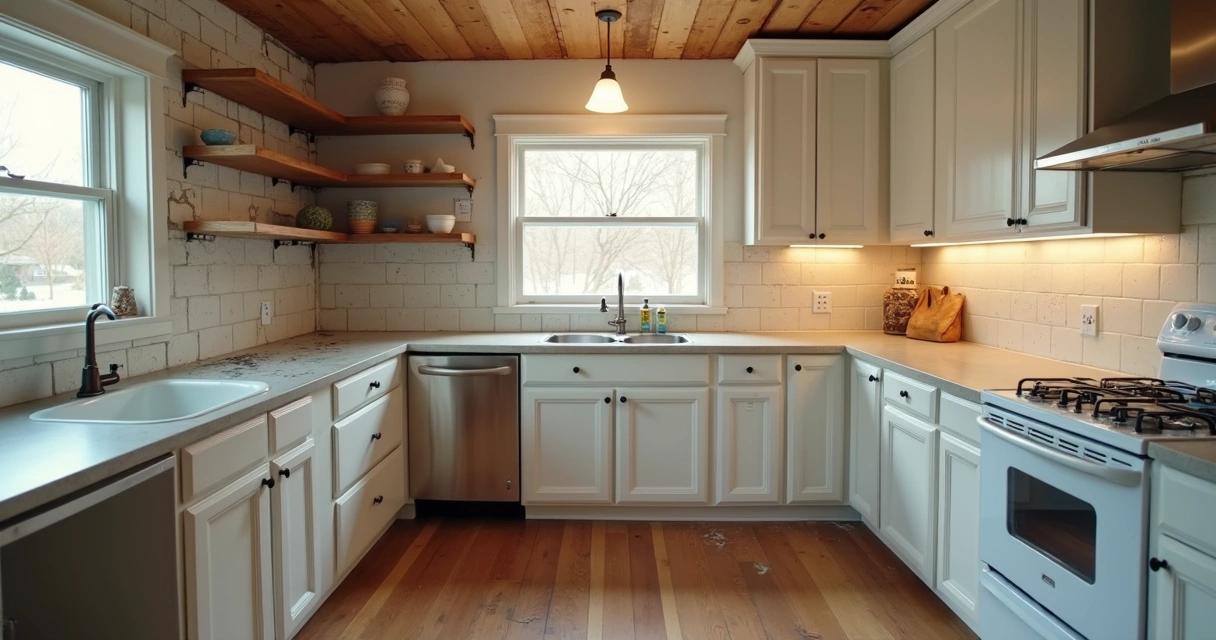 Split view of kitchen before and after renovation. 