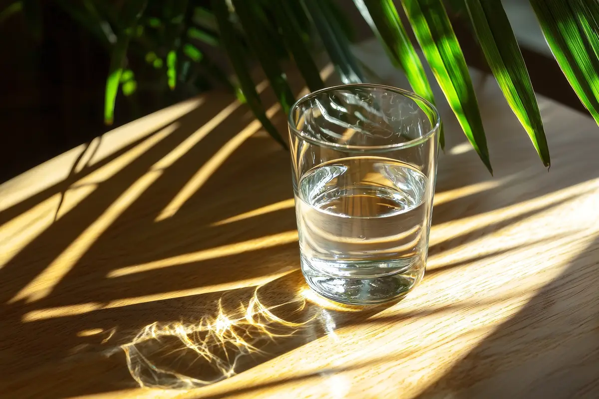On a white table with shadows and sunlight a glass of water sits with copy space around it