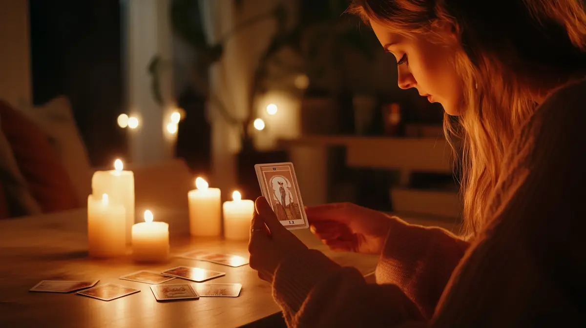 A woman practices tarot reading by candlelight in a cozy indoor setting during the evening