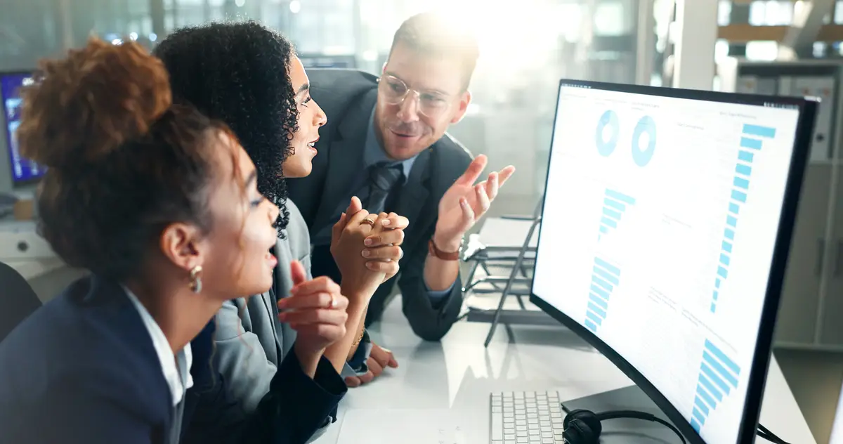 Computer screen graph or business people in office meeting for data analytics finance or sale profit discussion Startup solution or accounting team with chart statistics or website traffic check