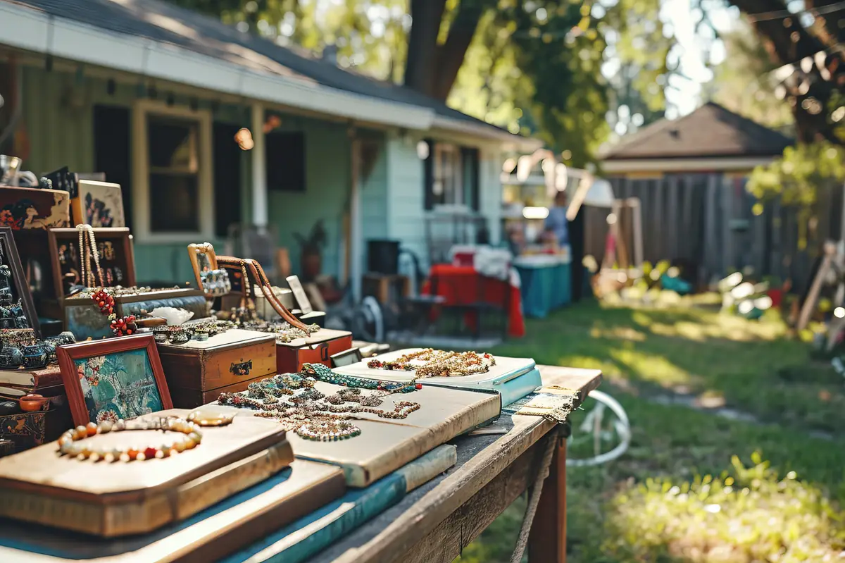 Realistic scene at a neighborhood yard sale with miscellaneous items