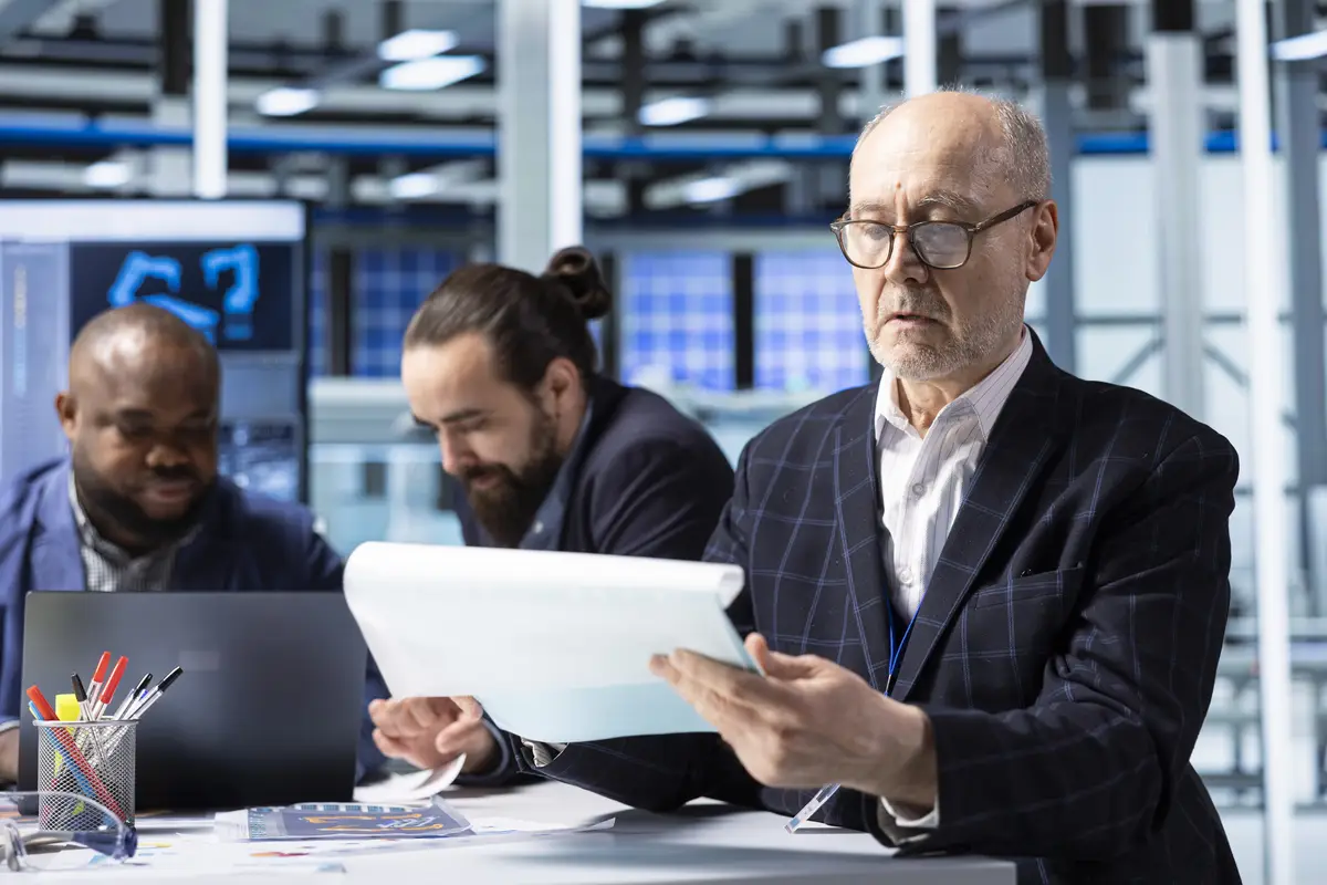 Senior industrial plant shareholder looking at documents analyzing revenue