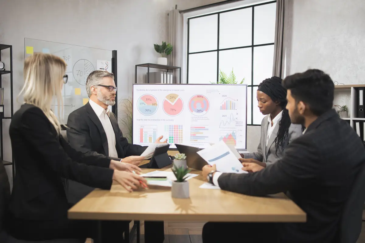 Focus on statistics charts on huge TV screen