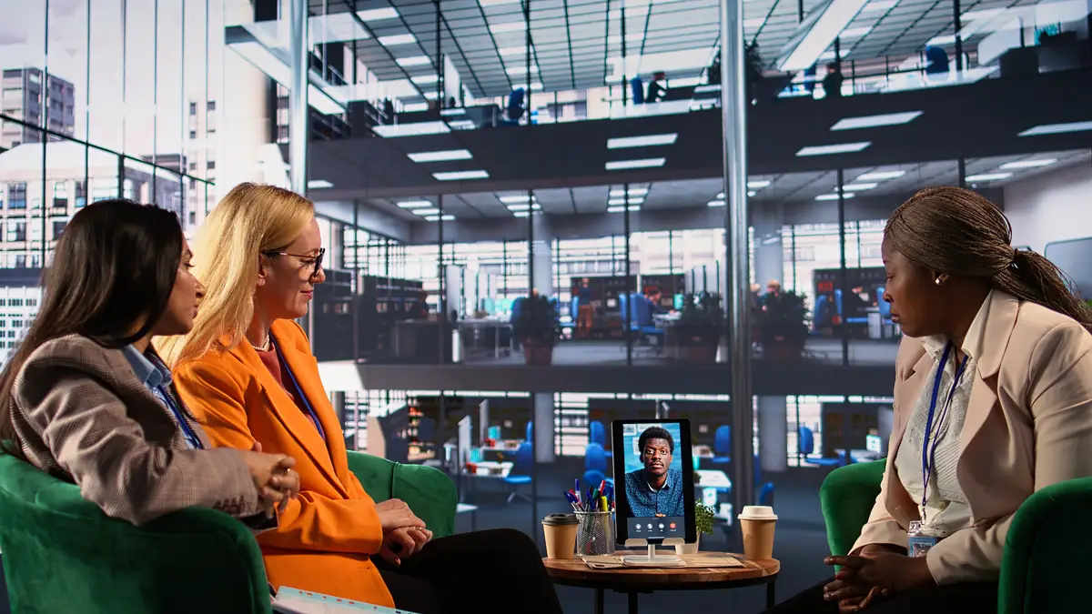 Goals oriented women hold online business meeting via video call