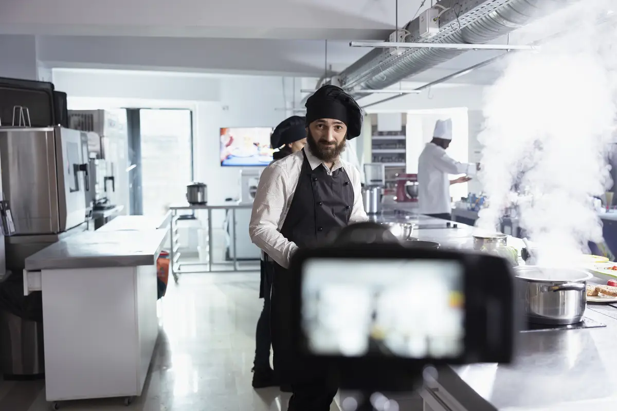 Chef recording a detailed cooking demonstration for a vlog tutorial