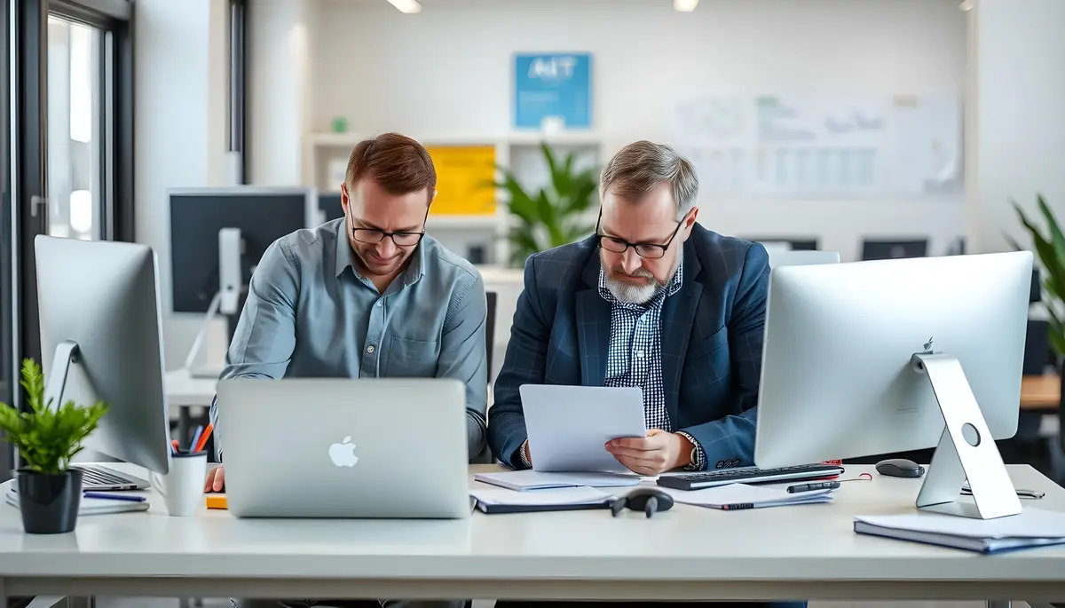two men are sitting at a desk with laptops and one has a blue sign behind them that says quot