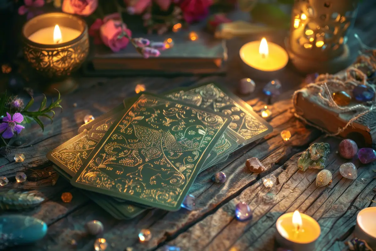 Pile of tarot cards candle accessories medication