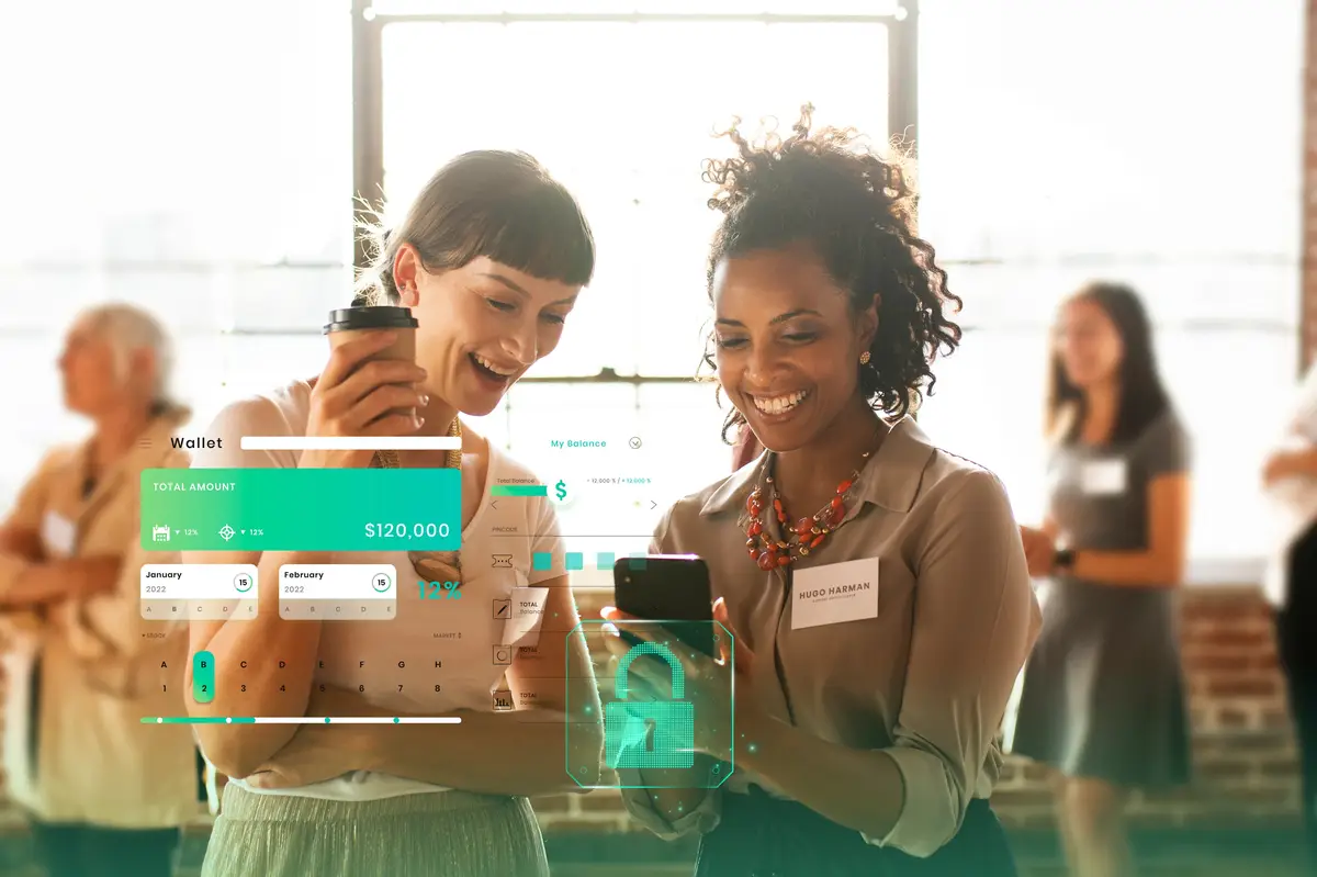 Happy friends using smartphone social media concept