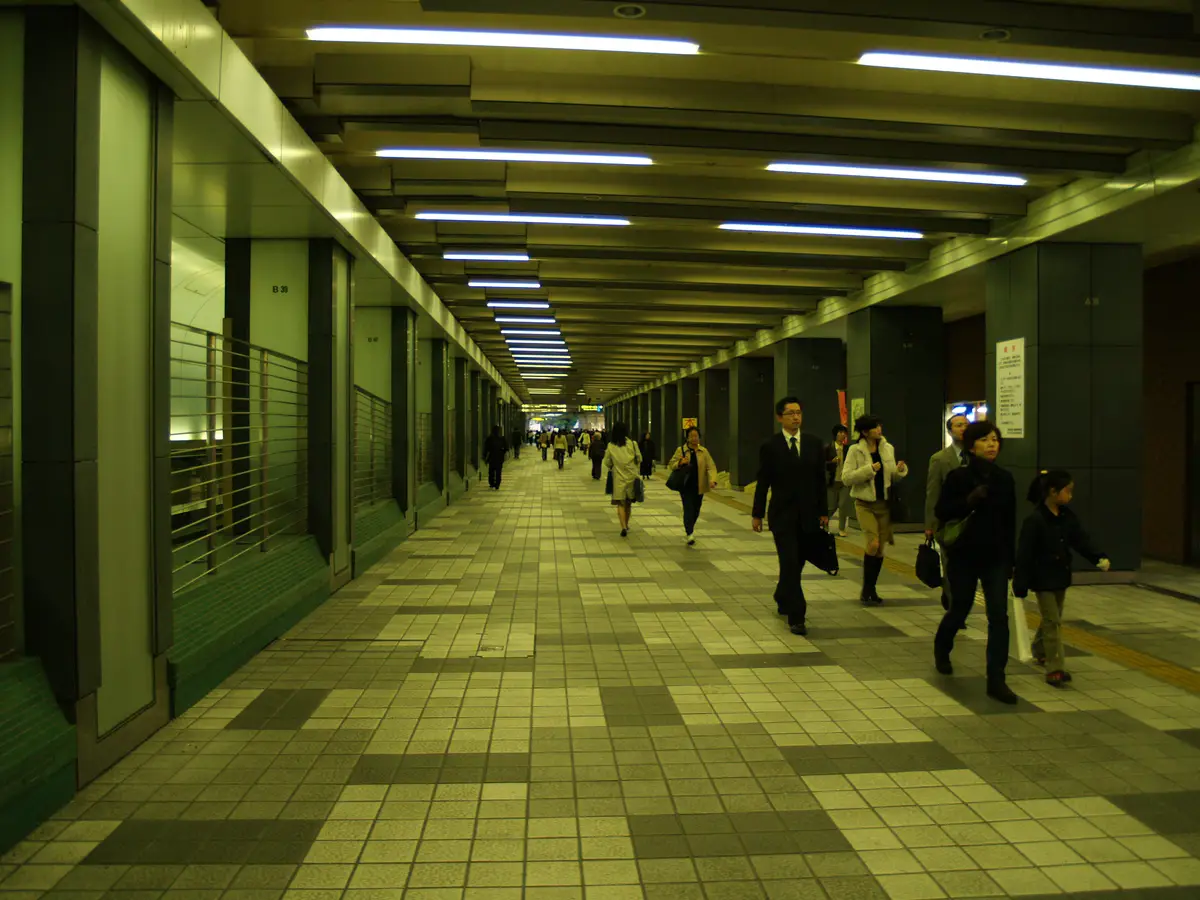 View of illuminated underground walkway