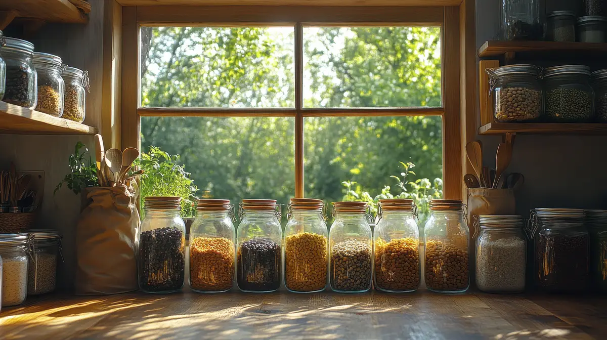 A cozy kitchen scene with jars of colorful grains and herbs by a sunny window