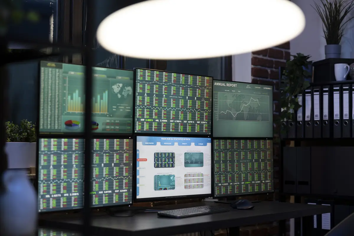 Multiple monitors prepared for workers