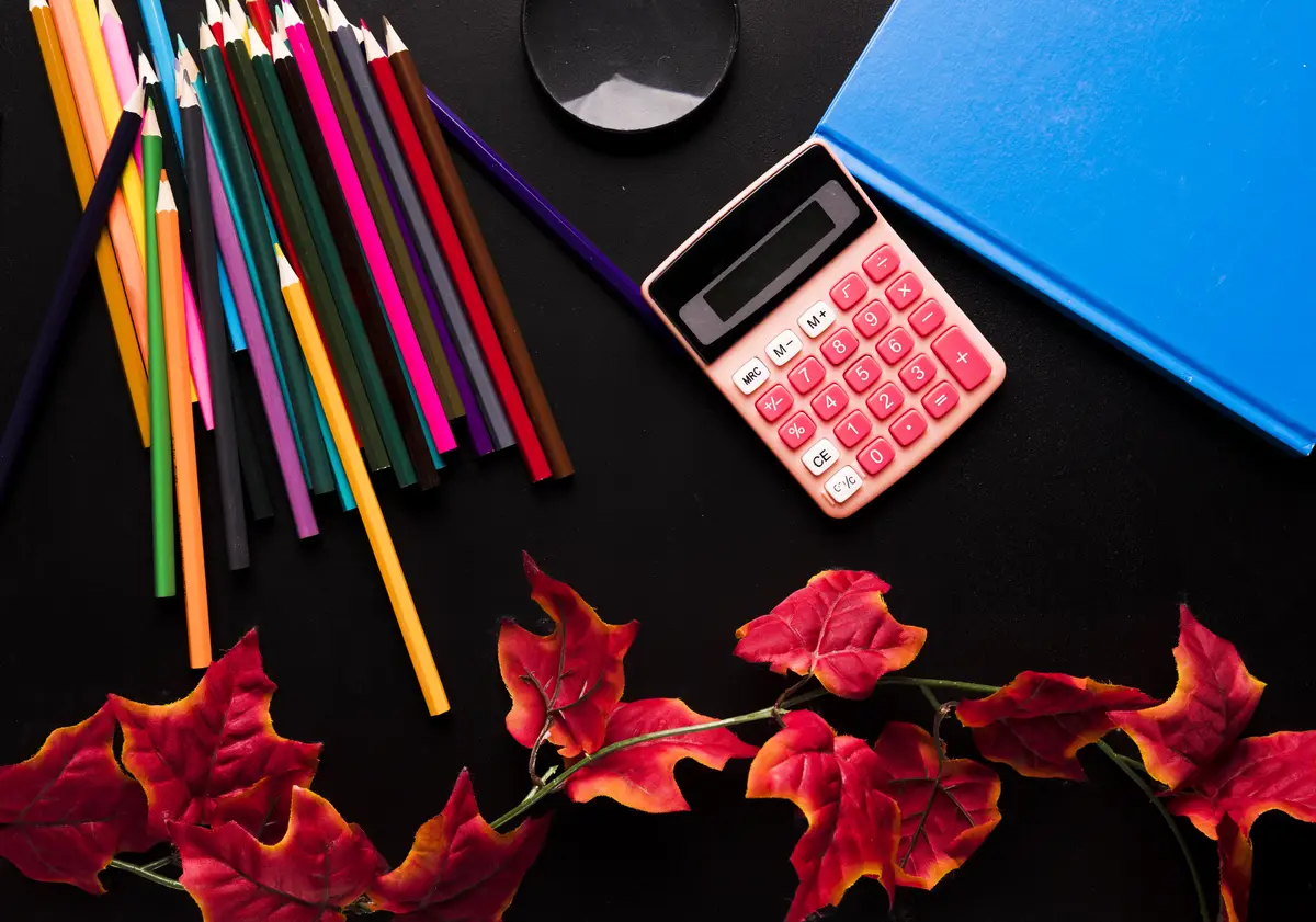 School supplies and red ivy branch scattered on black background