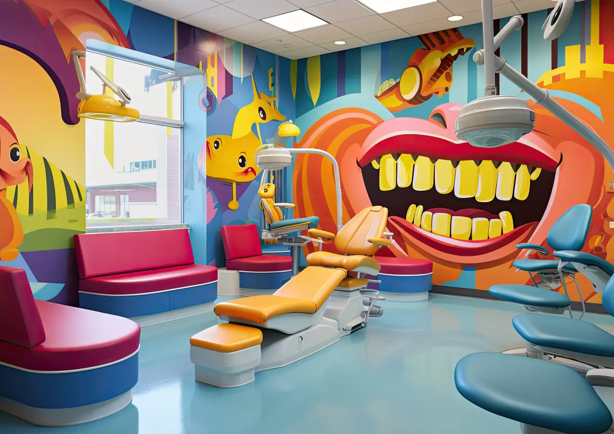 A wideangle shot of a dental clinic's waiting room with vibrant pop artinspired murals on the