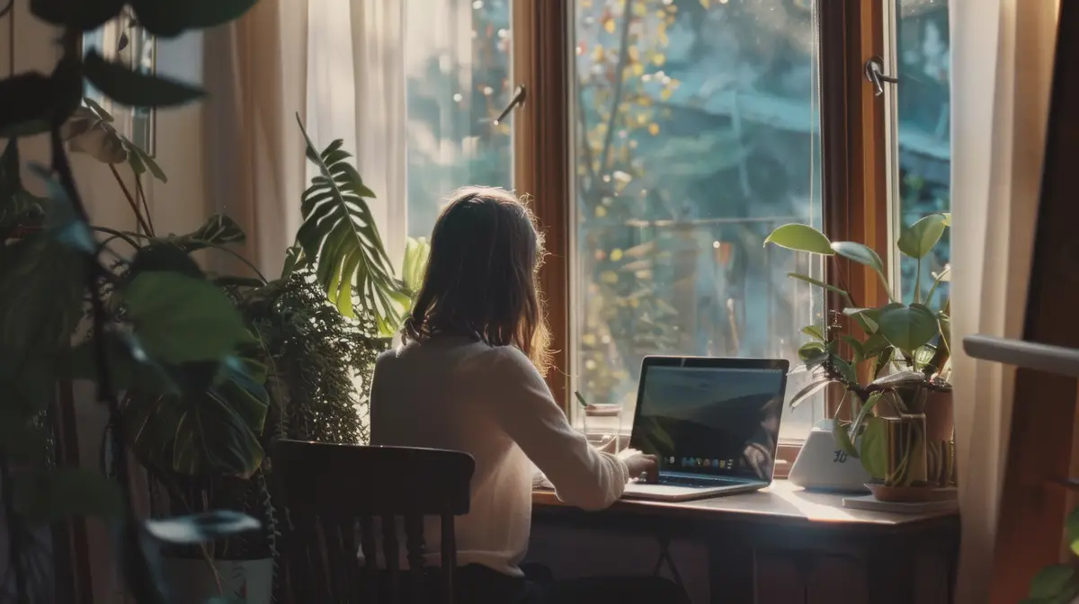 A person types on a laptop in a cozy room bathed in soft sunlight streaming through a large window surrounded by lush green plants