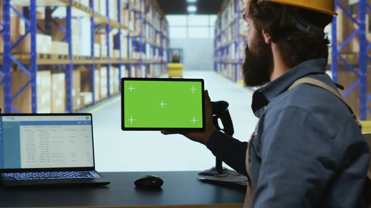 Packaging engineer looking at tablet with greenscreen in depot