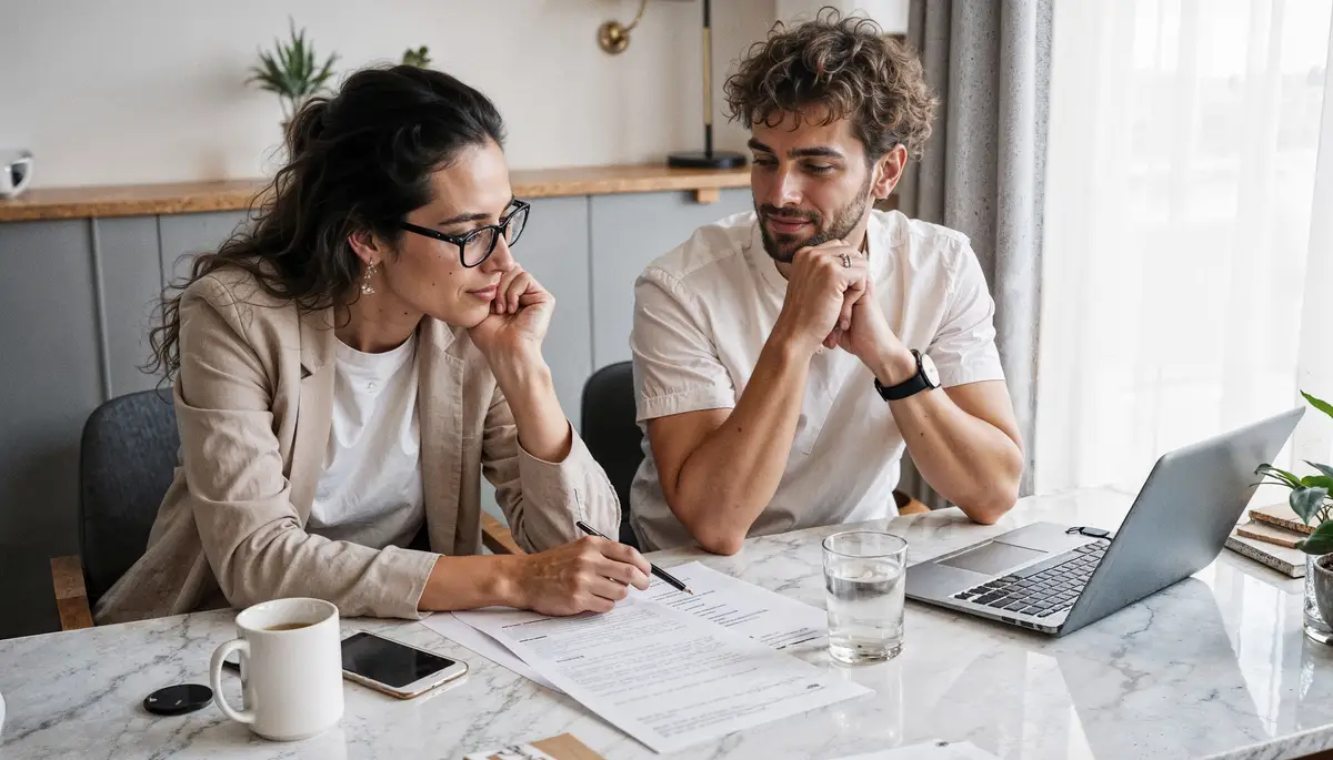 Focused colleagues analyzing documents at a desk with laptop