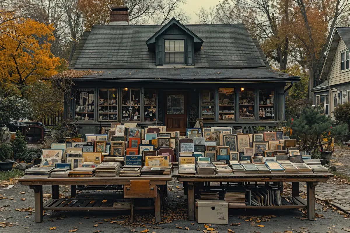 Realistic scene at a neighborhood yard sale with miscellaneous items