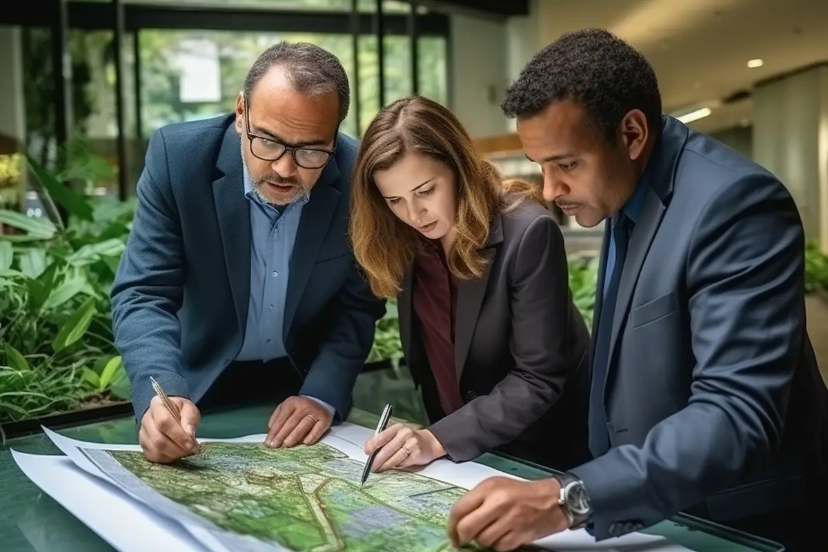 Team of diverse coworkers in modern office discuss their project together