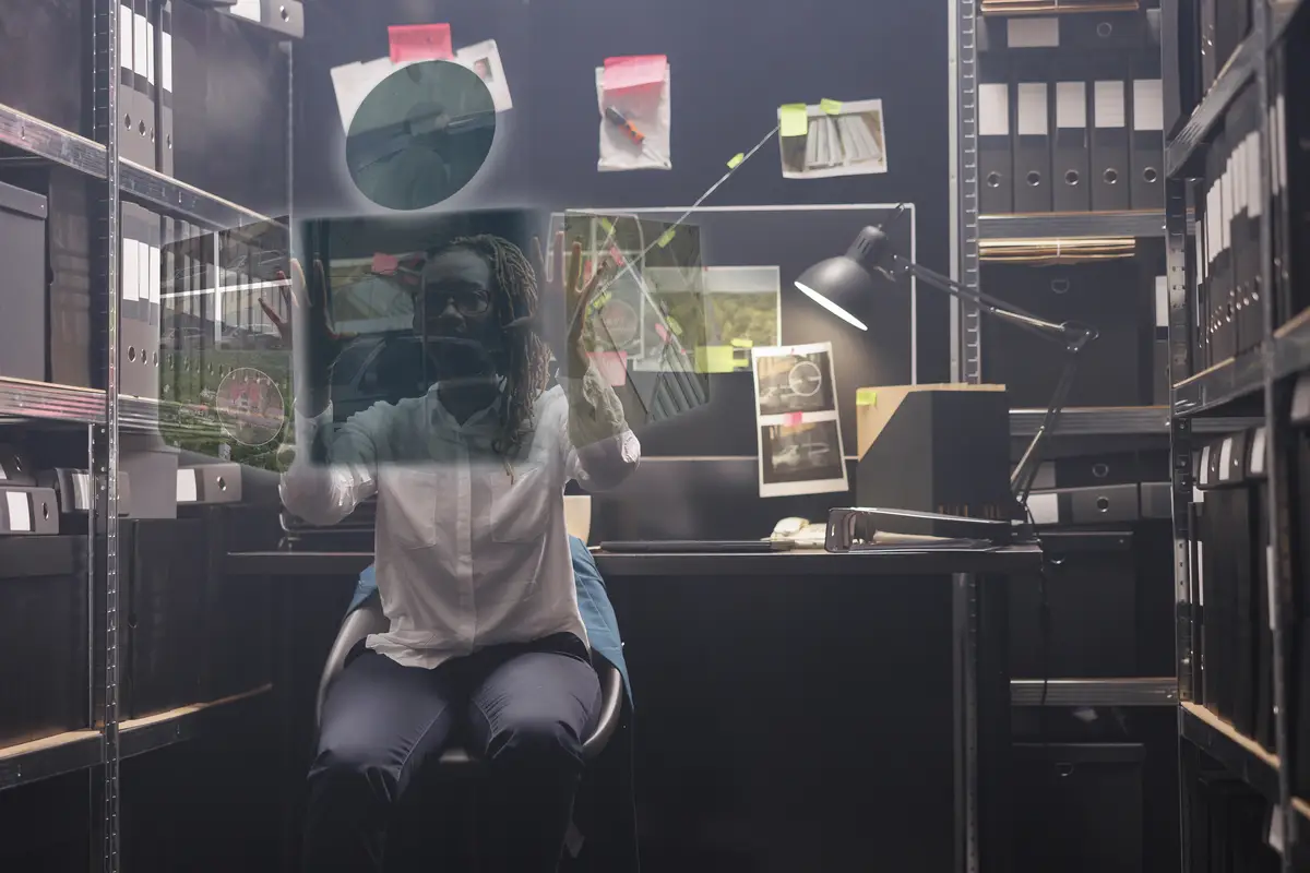 Young policewoman looking at clues in hologram