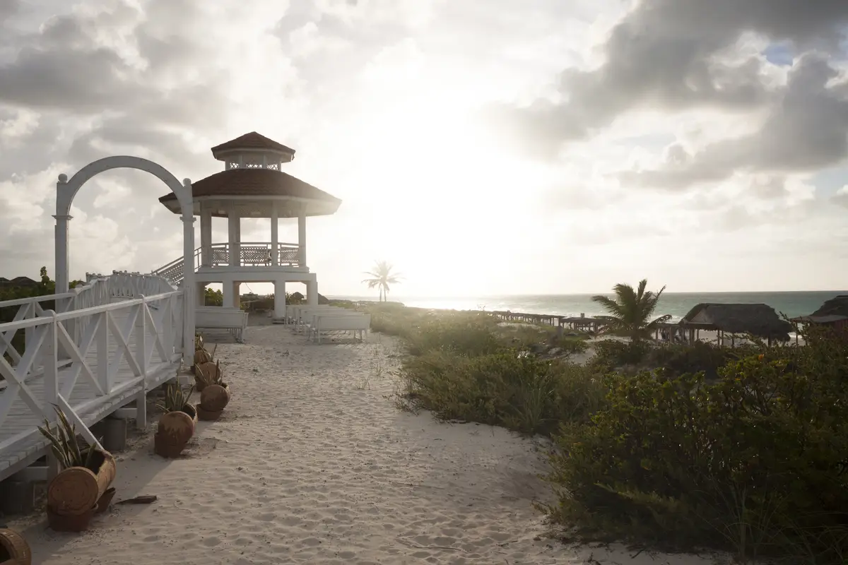 Gazebo on the beach at sunset