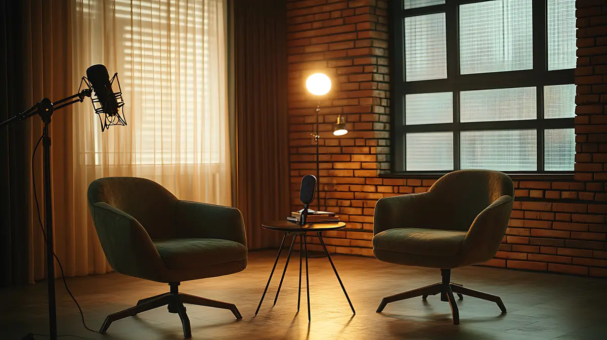 there are two chairs in a room with a lamp on