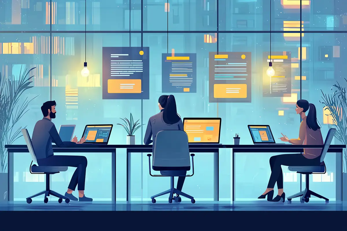 a cartoon of people working in a computer lab