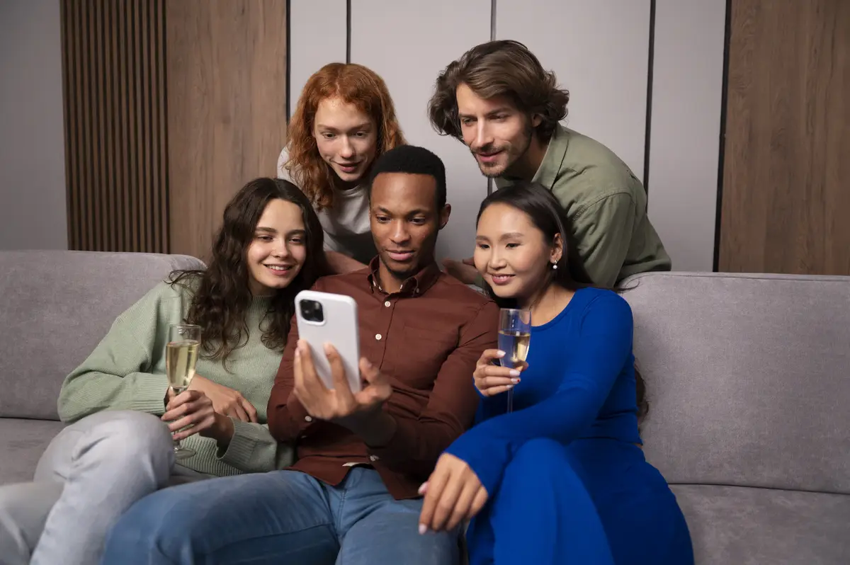 Friends reading cell phone messages front view