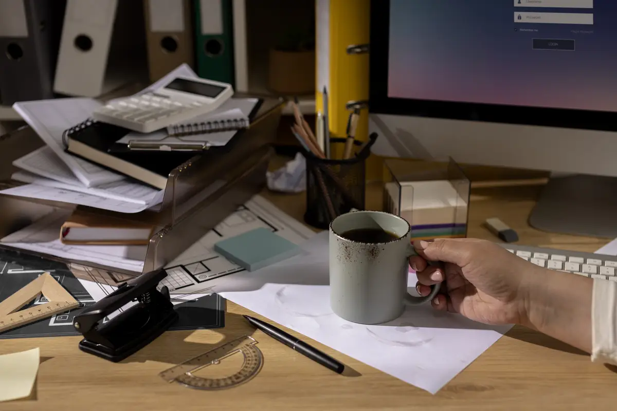 View of messy office workspace with personal computer