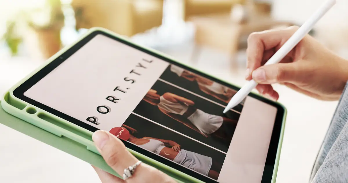 Hands tablet and pen with fashion designer screen or planning collection for online shop Person ux and remote work on app for clothes stylus or sales with review for e commerce site in home