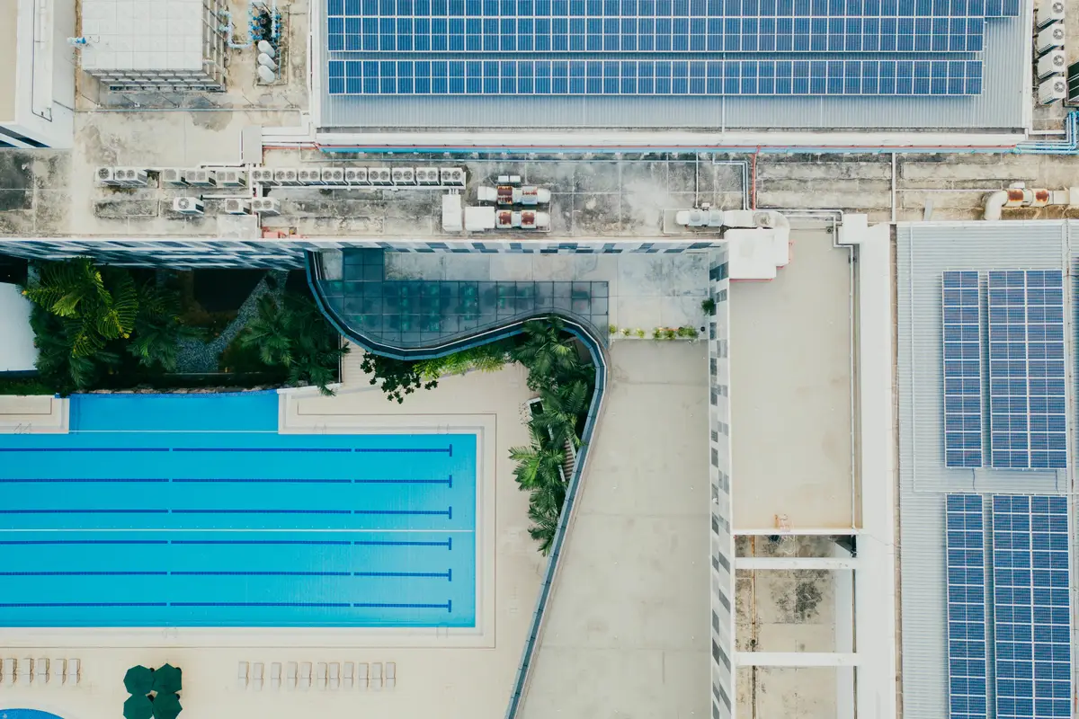Top view of buildings and swimming pool