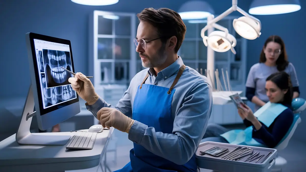 Male dentist looking at teeth x ray on the computer in a dentist office