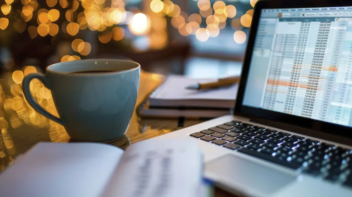 Laptop Coffee Cup and Notebooks on a Wooden Desk with Bokeh Lights